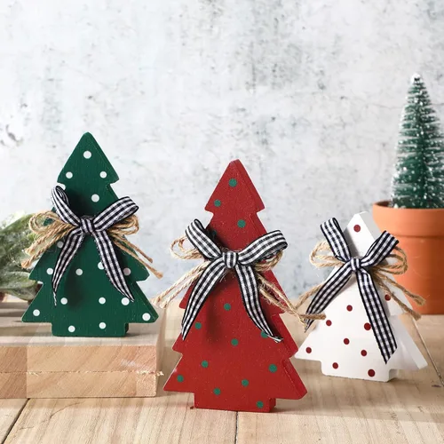 Yookeer Decoración navideña de 3 piezas, mesa de madera rústica, árbol de Navidad, centro de mesa de Navidad de madera para mesa pequeña, árboles de