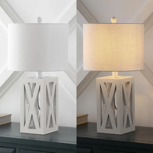 Miniatura 6 de JONATHAN Y Lámpara de mesa de madera de granja marrón de 21.5 pulgadas para mesita de noche y sala de estar, pantalla de tambor de lino blanco