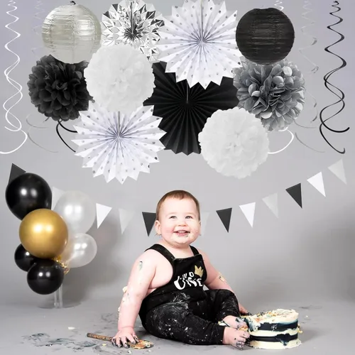 Miniatura 5 de Kits de decoración para fiestas negro blanco-plata - 33 piezas, banderas, guirnaldas con borlas para graduación, pompones de papel de seda tipo