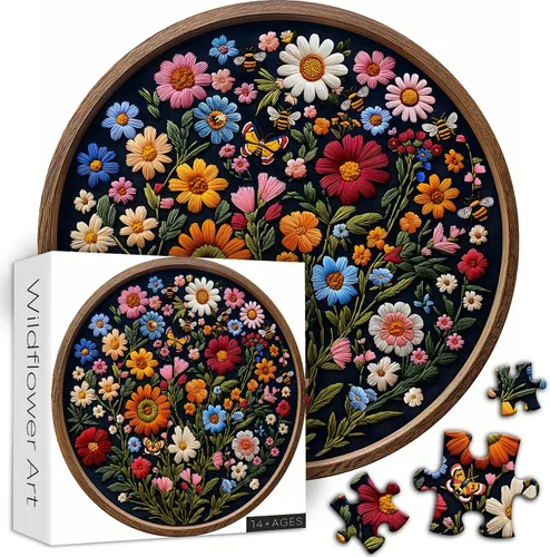 Miniatura 2 de Rompecabezas vintage de flores silvestres para adultos de 1000 piezas, rompecabezas redondo de mariposa abeja planta arte de la naturaleza