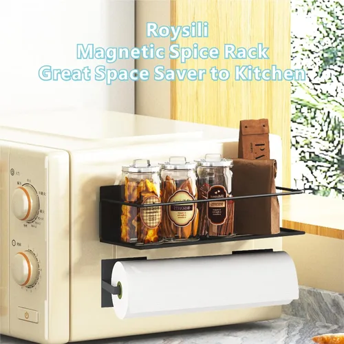 Miniatura 5 de Estante magnético para especias para refrigerador, estante magnético de ahorro de espacio para nevera negro, paquete de 2 con soporte magnético