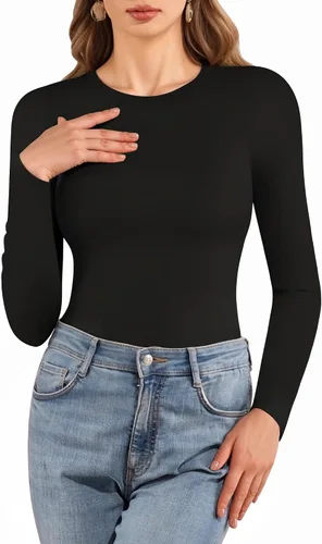 Miniatura 2 de MANGOPOP Camisetas de manga larga con cuello redondo para mujer, camisetas ajustadas con cuello ajustado, camisetas básicas