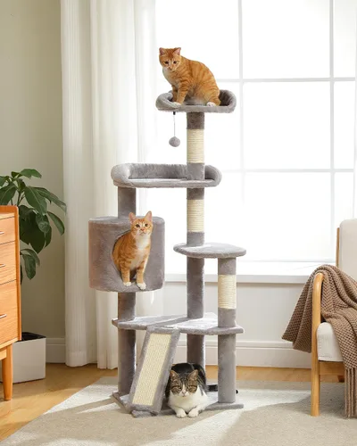 Miniatura 9 de Árbol para gatos de 45 pulgadas para gatos de interior, torre compacta para gatos con 2 condominios, cama hamaca y 5 juguetes de bola colgantes