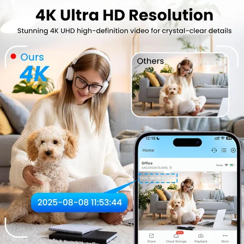 Miniatura 6 de vebiliki Cámara interior con tarjeta TF de 32 GB, cámara WiFi 4K con vista en vivo, cámara de niñera con alertas de movimiento, almacenamiento