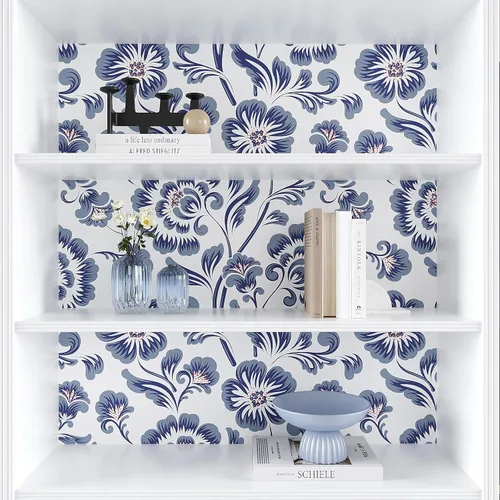 Miniatura 6 de VEELIKE Papel tapiz autoadhesivo con diseño floral vintage gris y azul de 17.7 x 354 pulgadas, papel de contacto autoadhesivo extraíble