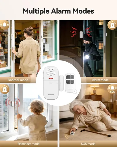 Miniatura 5 de TECKNET Alarma de puerta inalámbrica con control remoto, sensor de puerta de 130 dB con flash LED, 4 modos de alerta y 5 volúmenes ajustables