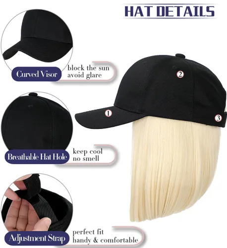 Miniatura 5 de Qlenkay Gorra de béisbol con extensiones de cabello recto, fleco corto, peinado ajustable, extraíble peluca y sombrero ,14 pulgadas para mujer y niña