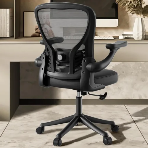 Ollega Silla de escritorio para computadora con ruedas, silla de oficina de malla con brazos abatibles, soporte lumbar ajustable, silla de Negro