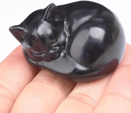 Miniatura 3 de Estatua de cristal de gato de obsidiana negra de 2 pulgadas, decoraciones de gato de cristal curativo, obsidiana tallada a mano pulida, figuras