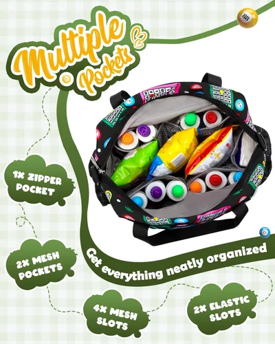 Miniatura 2 de Bolsa de bingo para Daubers Dabbers Dobbers Dotters resistente al agua, bolsa de accesorios de bingo con bolsillos para adultos mayores (negro/verde)
