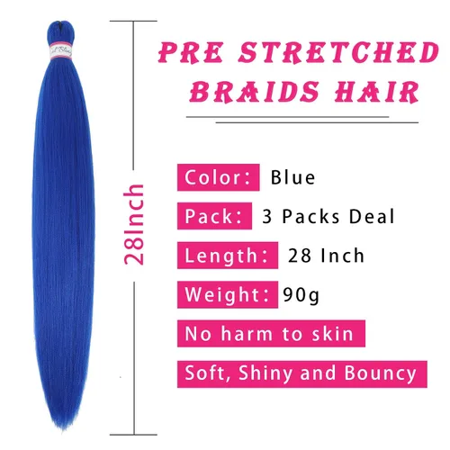 Miniatura 2 de Col Bling Cabello trenzado azul preestirado, extensiones de cabello trenzado de 28 pulgadas de largo para mujer, trenzas de caja, textura Yaki