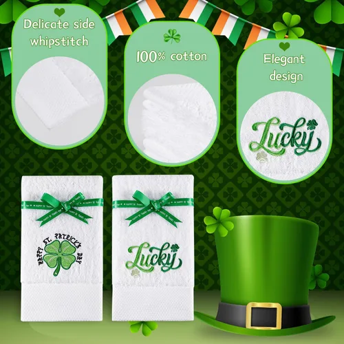 Miniatura 4 de Quera Paquete de 2 toallas de mano para el día de San Patricio, trébol de la suerte, 100% algodón, bordadas, decoración de lujo, juego de toallas