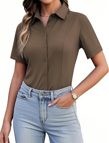 Miniatura 23 de Siliteelon Camisetas de Botón para Mujer, Ajustadas, de Manga Corta, Elásticas, Camisa de Vestir, Sin Arrugas, Sólida, Blusa de Trabajo