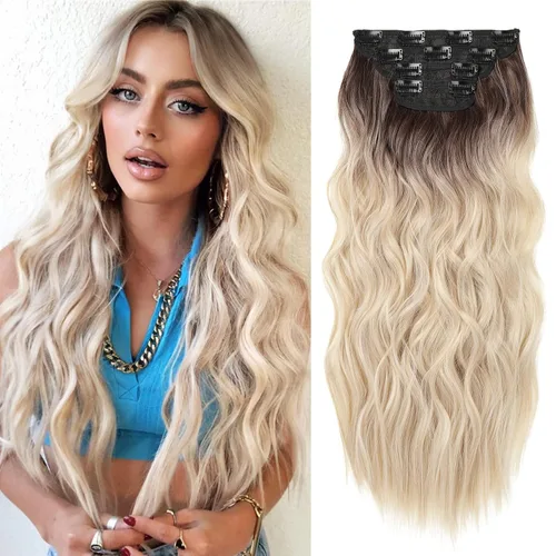 Miniatura 30 de REECHO Extensiones de cabello, 4 extensiones de cabello con clip, HE001, extensiones de cabello sintético suave natural para mujer, rubio claro