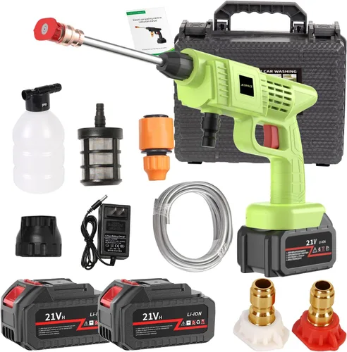 Lavadora a presión inalámbrica, iones de litio de 21 V, 3 baterías, cañón de espuma, boquillas, funda de transporte, kit de lavado de auto (verde +