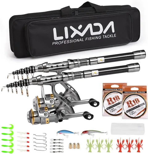 Miniatura 12 de Lixada Juego de 2 cañas de pescar de 1.5/1.8/2.1/7.9 ft, carrete de caña telescópica de fibra de carbono, carrete de pesca con ganchos, señuelos