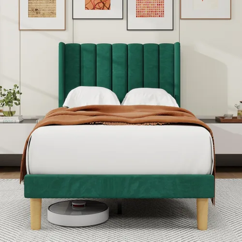 Miniatura 12 de alazyhome - Marco de cama tapizado de plataforma tamaño Queen con cabecera, soporte de listones de madera, sin ruido, fácil montaje, terciopelo beige