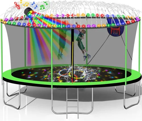 Miniatura 17 de Trampolín de 1500 libras, 10 pies, 12 pies, 14 pies, 15 pies, 16 pies, con luces LED, rociador, altavoz de música y calcetines, trampolín