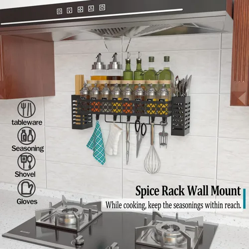 Miniatura 2 de Estante de especias colgante para montaje en pared, estante organizador de especias sobre estufa con soporte para utensilios para colgar