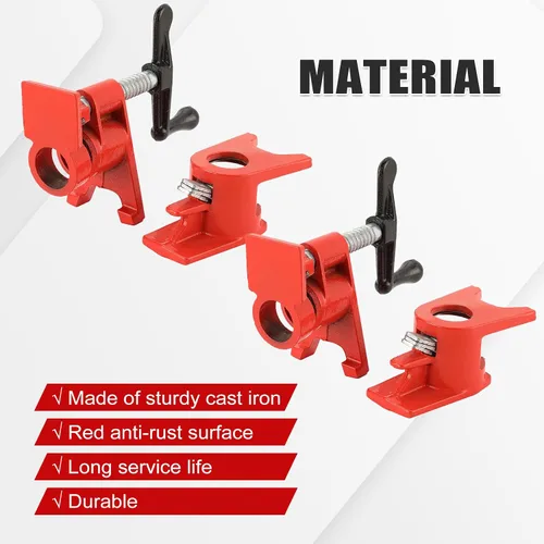 Miniatura 3 de Juego de abrazaderas para tuberías de madera de 3/4" con diseño de pie único rojo. Abrazaderas de barra resistentes de hierro fundido de liberación