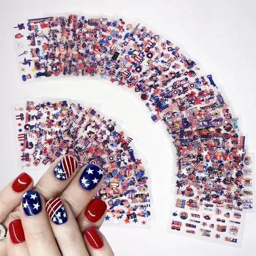 Miniatura 3 de 30 hojas de calcomanías de uñas del 4 de julio para arte de uñas, Día de la Independencia, calcomanías de arte en 3D, autoadhesivas, bandera