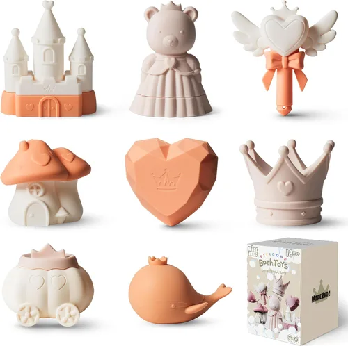 Miniatura 10 de MarcZero Juguetes de Baño de Silicona Princesa 8 Piezas para Niños Pequeños Niños Bebés, Juguetes de Agua para Bañera, Conjunto de Juguetes de Rosa
