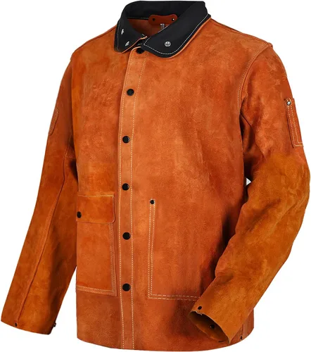 QeeLink Chaqueta de Soldadura de Cuero - Chaquetas de Soldador de Trabajo Resistente a las Llamas y de Servicio Pesado - Chaqueta de Soldadura de