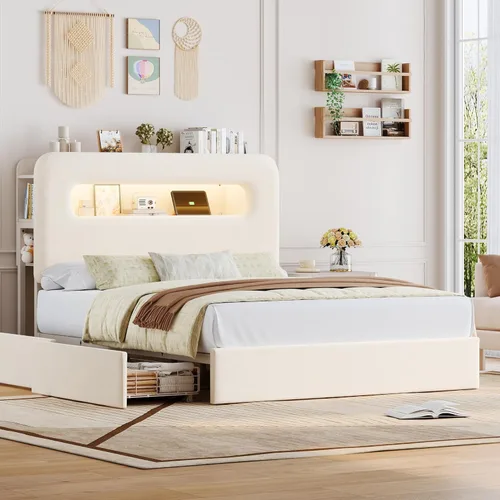 HOSTACK Marco de Cama LED Full con Cabecera de Almacenamiento y Estación de Carga, Marco de Cama para Niños con 2 Cajones y Puertos USB, Marco de