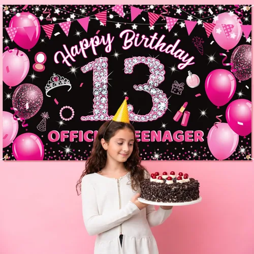 Miniatura 6 de Telón de fondo para fotografía de cumpleaños de 13 niñas, color rosa intenso, con purpurina y diamantes de color rosa intenso, para fotos de fiesta