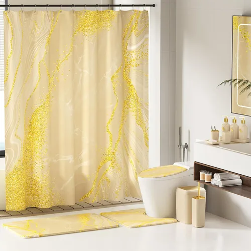 Miniatura 2 de 21PCS Bathroom Sets with Shower Curtain and Rugs Bathroom Accessories Set Beige Bathroom Set Complete with Trash Can, Toilet Brush, Qtip Holder &