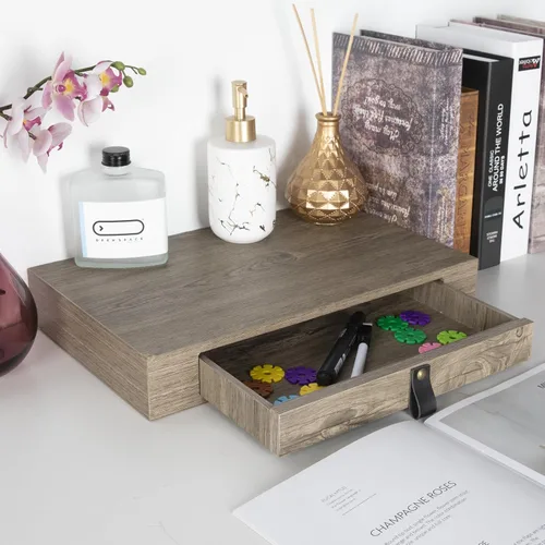 Miniatura 4 de Juego de 2 estantes flotantes con cajón, mesita de noche para dormitorio, baño o cocina, estante de pared de 16 pies con almacenamiento, color gris