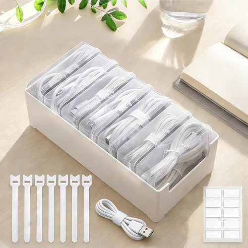 Caja de almacenamiento organizadora de cables con 7 bridas de alambre y etiquetas adhesivas, caja de gestión de cables de escritorio con