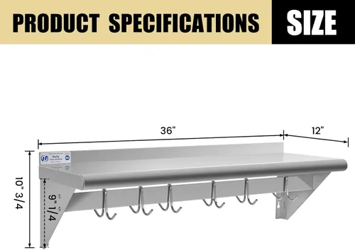 Miniatura 3 de Hally Estante de Acero Inoxidable con 6 Ganchos 12" x 36" Estante para Ollas Montado en Pared, Estantería Flotante Comercial NSF para Almacenamiento