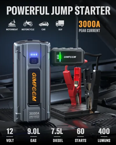 Miniatura 2 de Arrancador de Batería para Coche, Paquete de Arrancador de 3000A para Motores de hasta 9.0L de Gasolina o 7.5L de Diésel, Arrancador de Batería