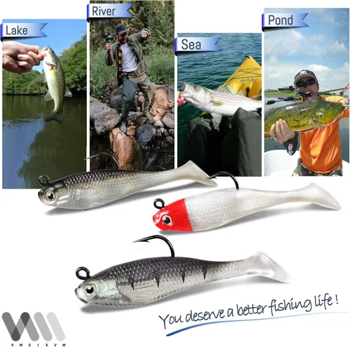 Miniatura 4 de Señuelos de pesca suaves, cebos de sábalo y pececillo, señuelos de cola de paleta con cabeza de plantilla premontada para lubina, trucha