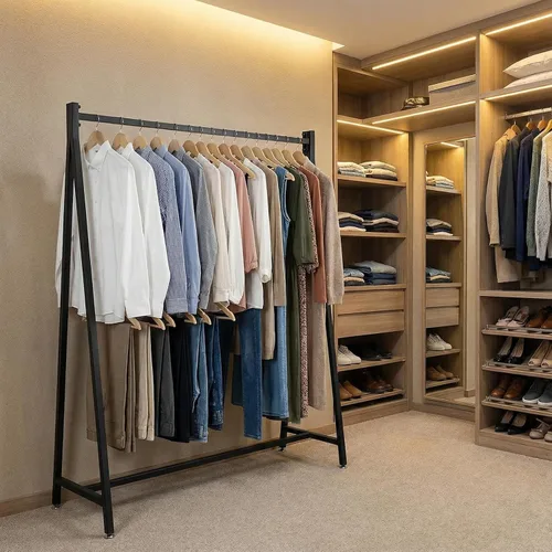 Miniatura 3 de MyGift Percheros de ropa modernos de metal resistente de 47 pulgadas con marco en A para colgar ropa, percheros independientes de grado comercial