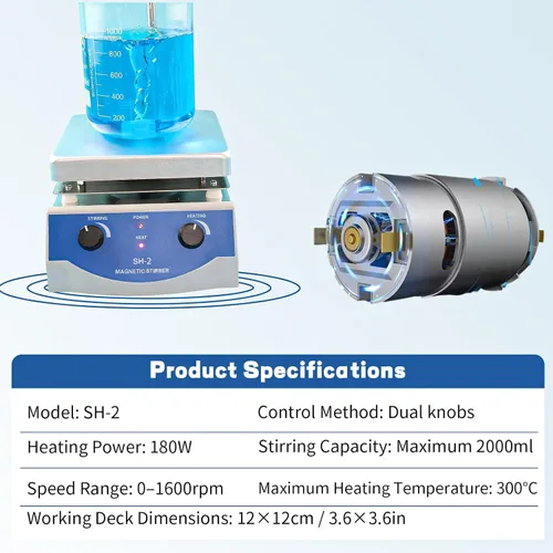 Miniatura 8 de Agitador magnético SH-2, mezclador de placa caliente de 520 ℉, agitador magnético de placa caliente de 100-2000 rpm con barra de agitación y soporte