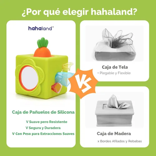 Miniatura 5 de hahaland Caja de pañuelos de silicona para bebé, juguetes Montessori de 6 a 12 meses, juguetes Montessori para bebés de 6 meses, cubo de actividades
