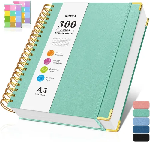 Miniatura 10 de Cuaderno de papel cuadriculado, cuaderno de cuadrícula en espiral de 8.5" X 11", diario de cuero de tapa dura de 300 páginas, cuaderno de papel Negro