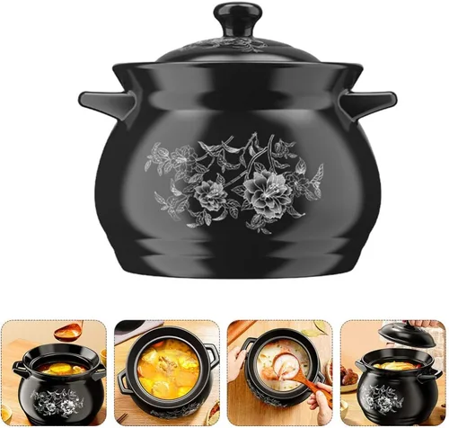 Miniatura 5 de Olla de cerámica para estofado de cerámica, resistente al desgaste, multiusos, con asas, cubierta resistente al calor para personas, hermoso diseño