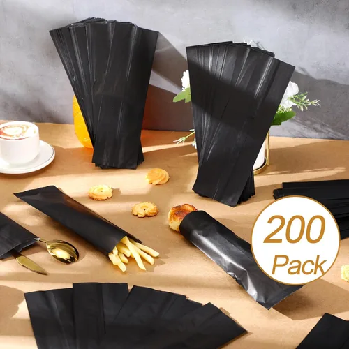 Miniatura 5 de Zhehao 200 bolsas de papel kraft, bolsas de churro, fundas de grasa para utensilios resistentes, cubiertos, galletas, panadería, dulces (negro)