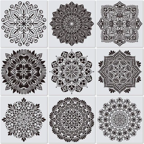 Miniatura 8 de Paquete de 9 plantillas de Rangoli grandes de 12 x 12 pulgadas, plantillas de mandala, plantilla de pintura cortada con láser para arte