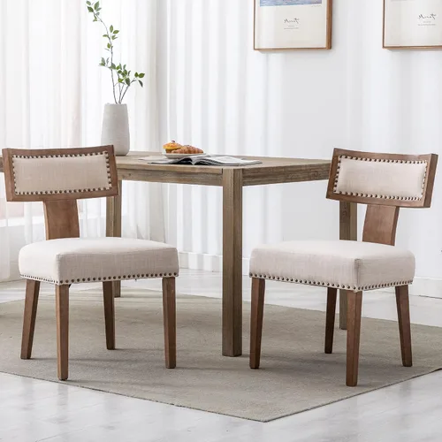 VESCASA Sillas de comedor tapizadas de lino con patas de madera natural, modernas sillas de comedor acolchadas con ribete de cabeza de clavo con