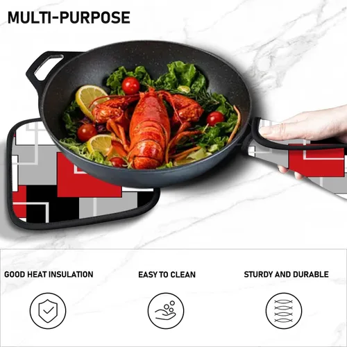 Miniatura 5 de MCALK Juego de 5 guantes de horno rojos y soportes para ollas, guantes de horno negros geométricos y almohadillas calientes para cocinar