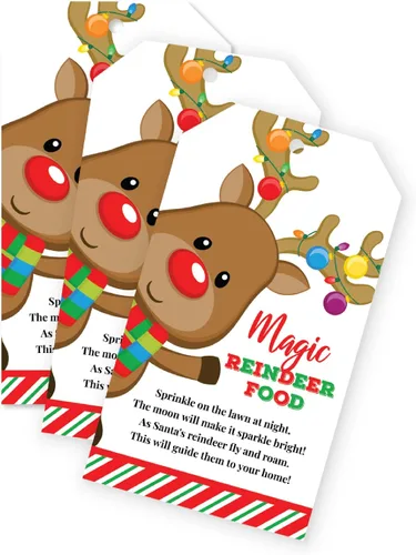 20 etiquetas mágicas de regalo de comida de renos para Navidad, regalos de fiesta de Navidad para niños, trineo de Santas, Rodolfo, etiquetas