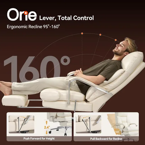 Miniatura 3 de OKUP M76 - Silla de oficina ejecutiva reclinable de 160° con reposapiés, silla de oficina de cuero con profundidad de asiento ajustable, cojín Crema