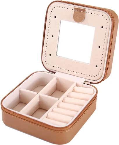 Miniatura 5 de KElofoN Joyero de viaje, joyero de viaje, organizador de joyas de viaje, caja organizadora de joyas pequeña para niñas y mujeres con espejo (café)