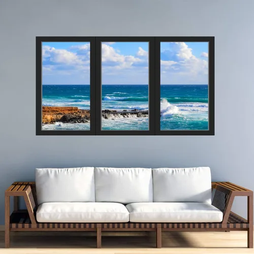 Miniatura 2 de VWAQ - Calcomanía de pared con vista de playa 3D para ventana de oficina, despegar y pegar, mural de escena oceánica - OW14