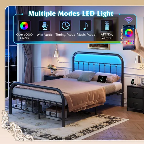Miniatura 2 de WLIVE Marco de cama de plataforma de metal, marco de cama de tamaño matrimonial con cabecero, marcos de cama con luces LED y estación de carga, base