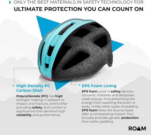 Miniatura 7 de Roam Casco de bicicleta de carretera, cascos duraderos para adultos con visera solar, luz LED y gafas magnéticas desmontables, tamaño ajustable